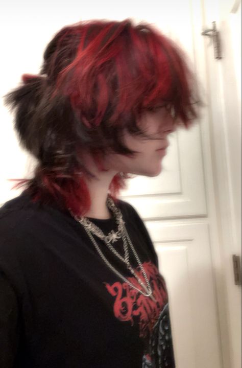 Black Wolfcut With Highlights, Red And Black Hair Short Alt, Red Highlights In Black Hair Short, Black To Dark Red Hair, Mens Red Highlights, Checker Hair Dye, Red Short Fluffy Hair, Red And Black Short Hair Ideas, Black With Red Highlights Short