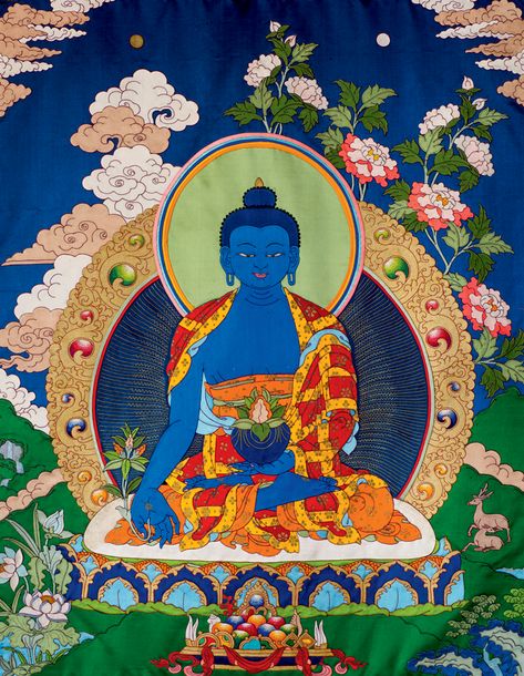 Bhaisajyaguru Buddha, Medicine Buddha Mantra, Medicine Buddha, Buddha Meditation, Buddhist Traditions, Thangka Painting, Healing Meditation, Tibetan Art, Tibetan Buddhism