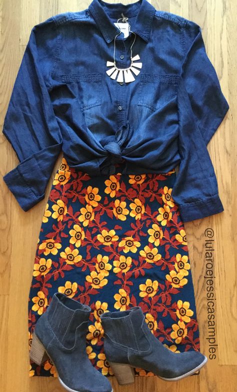 LuLaRoe Cassie skirts and denim are always a good idea! Denim Pencil Skirt For Fall, Fitted Denim Pencil Skirt For Fall, Cassie Skirt Lularoe Outfit, Professional Chic, Lularoe Carly Styling, Spring Trends Outfits, Lularoe Madison Skirt, Office Casual Outfit, Lularoe Styling