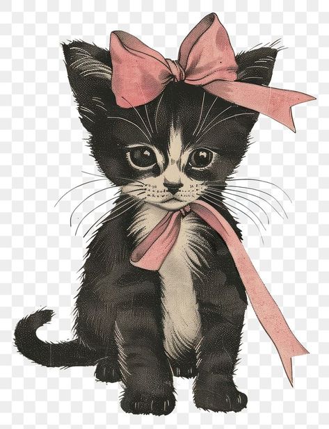 Vintage Kitten Drawing, Cute Vintage Cat Illustration, Vintage Cat Drawing, Cat Vintage Illustration, Vintage Animal Drawings, Interior Design Clipart, Christmas Border Design, Vintage Cat Illustration, Notes Decoration