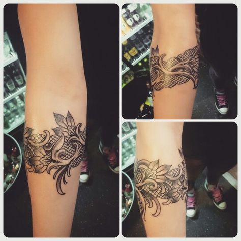 Forearm tattoo. I wanted a sporty yet feminine band with some black lace in the mix. Definitely chuffed :-) Lace Band Tattoo, Tattoo Arm Band, Underarm Tattoo, Half Sleeve Tattoos, Armband Tattoos, Tattoo Wrist, Arm Band Tattoo, Lace Tattoo, Tattoo Arm