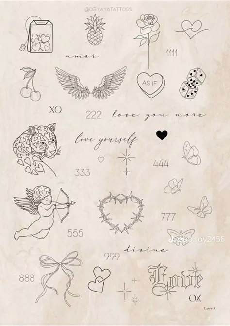 Mini Girly Tattoos, Small Tattoo Sheet, 90s Tattoo Flash Sheet, Line Work Tattoo Flash Sheet, Fine Line Tarot Tattoo, Tattoo That Represents Love, Love Galore Tattoo, Free To Use Tattoo Designs, Hyper Feminine Tattoo