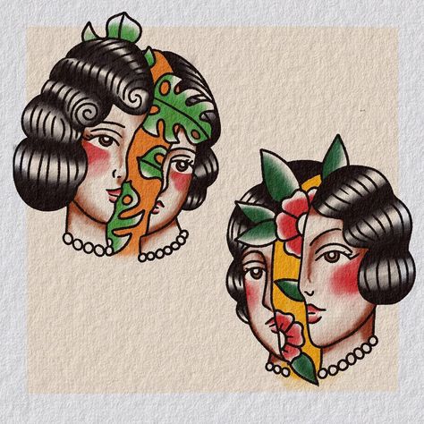 ✨Sophia✨Chicago Tattoo Artist✨ | some plant ladies 🌿🌱🌿 | Instagram Traditional Tattoos Lady Head, Matching Traditional Tattoos Best Friends, Traditional Friendship Tattoo, Lady Head Tattoo Traditional, Traditional Plant Tattoo, Henna Finger Tattoo, Traditional Tattoo Black And White, Traditional Tattoo Woman, Chicago Tattoo