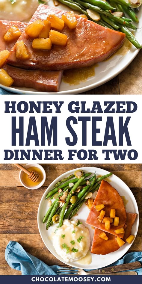 our Honey Glazed Ham Steak Dinner for Two combines sweet and savory flavors. This quick and easy honey ham recipe features a perfectly seared ham steak, coated in a luscious honey glaze made with pineapple juice and brown sugar. Served with juicy pineapple tidbits, this dinner is the perfect way to celebrate a cozy evening at home. Ham Steak With Apricot Glaze, Ham Steak Recipes Stove Top, Honey Glazed Ham Steak, Best Ham Steak Recipe, Glaze For Ham Steak, Recipes With Ham Steak, Dinner Ham Recipes, Ham Steaks Recipes, Ham Meals Ideas