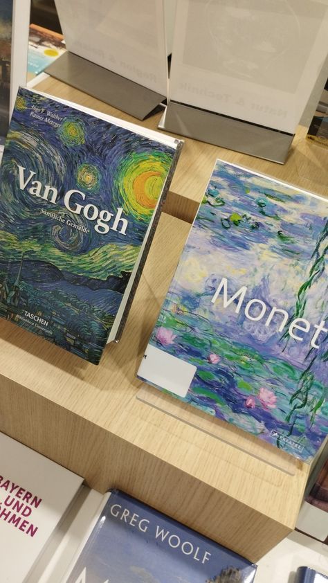 Claude Monet, Vincent Van Gogh, painting aesthetic, library vibes, bookstore,books about artists,art,starry night,water lilies, Books About Artists, Library Vibes, Van Gogh Aesthetic, Art Starry Night, Aesthetic Library, Van Gogh Painting, Painting Aesthetic, Van Gogh Art, Painted Books