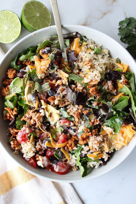 Easy Healthy Taco Rice Bowl - The Balanced Nutritionist The Balanced Nutritionist, Taco Rice Bowl Recipe, Clean Eating Bowls, Healthy Taco Bowl, Taco Bowls Healthy, Taco Rice Bowl, Balanced Nutritionist, Rice Bowl Recipe, Bowls Recipes