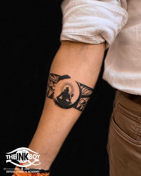 Band Tattoos - The Ink Boy Armband Shiva Tattoo, Tattoo Band Designs Men, Unique Armband Tattoos For Men, Tattoo Designs Men Shiva, Shiva Arm Tattoo, Wrist Band Tattoo Men Design, Mahadev Arm Band Tattoo, Shiva Tattoo Design For Men Arm, Mantra Band Tattoo