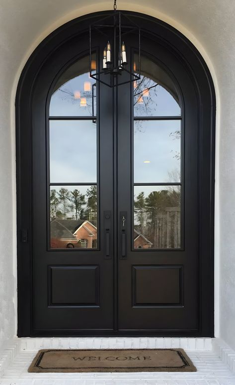 Custom Modern French Arched Double Entry Doors 3 Lite Large Double Front Doors, French Door Back Door, Door S, Door Designs Modern, Entry Design Ideas, Exterior Home Inspiration, Arched Door Ways, Arch Home, Bronze Front Door