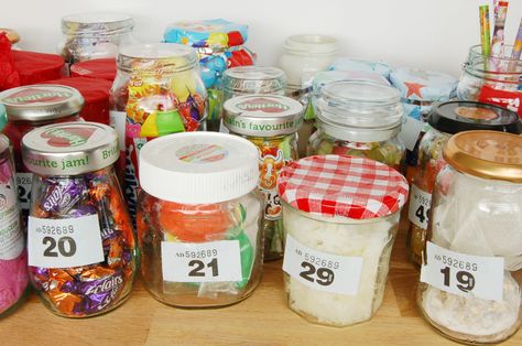 20 Jam Jar Tombola Ideas Coffee Morning Fundraiser, Fundraising Stall Ideas, Summer Fete Stall Ideas, Summer Fayre Stall Ideas, Christmas Fair Ideas Fundraising, Mcmillan Coffee Morning Ideas, School Christmas Fair Stall Ideas, Christmas Fete Stall Ideas, Macmillan Coffee Morning Ideas