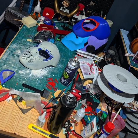 Anyone else's cosplay desk get like this after a while? Time for a spring clean I think... 😂 #workshop #cosplay #cosplayzone #cosplayprop #propmaker #props #spiderman #ironman #cosplayer #desk #hobby #crafts #maker #handson Cosplay Workshop, Spiderman Ironman, Prop Maker, Spring Clean, Cosplay Props, Spring Cleaning, Iron Man, Spiderman, Hobbies