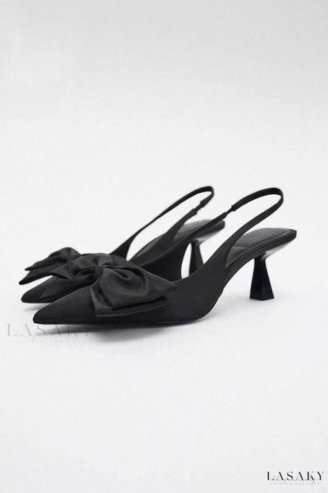 Lasaky - Black High Heel Shoes with Bow Detail, Open Back, and Pointed Toe Strap Black Bow Heels, Black Heels With Bow, Masters Graduation, European Shoes, Spring 23, Zara Heels, Slingback Heels, Zara Fashion, Point Shoes