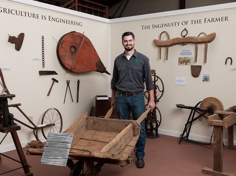 Agriculture Museum Exhibit, Agriculture Museum, History Of Agriculture, Wooden Wheelbarrow, History Exhibition, Museum Plan, Museum Exhibition Design, Luxury Beach House, Old Farm Equipment