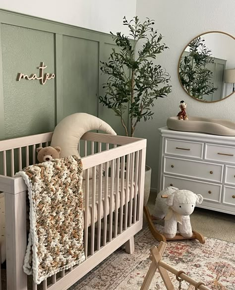 25+ Sage Green Nursery Ideas That Will Spark Your Imagination Trees In Nursery, Green Grey And Beige Nursery, Boho Boy Nursery Ideas, Baby Boy Sage Green Nursery, Accent Wall Baby Room, Sage Nursery Boy, Boy Nursery Ideas Green, Sage Baby Room, Sage Green Boy Nursery