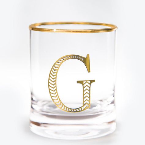 Monogram 11 oz. Gold Rim and Letter Double Old-Fashioned Glasses (Set of 2) Liquor Glasses, Whiskey Glass, Old Fashioned Glass, Whiskey Glasses, Letter G, Cocktail Glasses, Glassware Set, Mens Gift Sets, Luxury Gifts