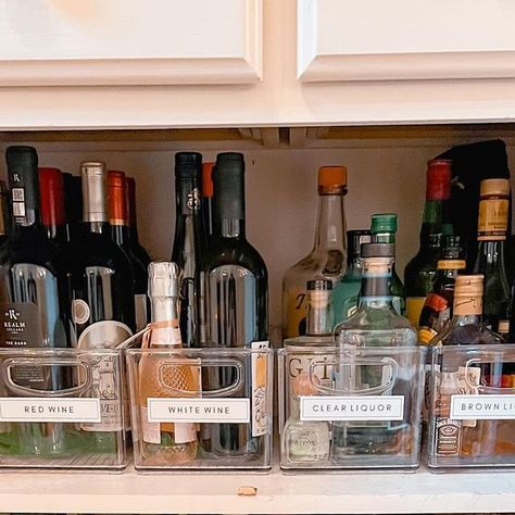 Sort + Simplify Organizing on Instagram: "This bar cabinet is ready for all the holiday cocktails🍸🎄✨ Shop this cabinet in stories and my LTK shop, linked in bio #sortandsimplifyorganizing #nashvillesmallbusiness #nashvilleorganizer #barorganization #cabinetorganization #liquorstorage" Alcohol Cabinet Storage, Where To Store Liquor In Kitchen, How To Store Alcohol Bottles At Home, Alcohol Organization Ideas, Bar Cabinet Organization, Liquor Organization, Alcohol Storage Ideas, Liquor Storage Ideas, Bar Organization Ideas