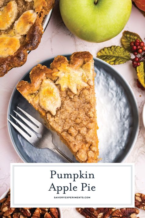 Pumpkin Apple Pie is the best of both worlds! Pumpkin pie and apple pie merged together in a pecan crust with a streusel topping. Apple Pumpkin Pie Recipe, Pumpkin Apple Pie, Apple Pumpkin Pie, Pecan Crust, Holiday Recipes Thanksgiving, Apple Pumpkin, Pumpkin Pecan Pie, Pumpkin Pie Recipe, Harvest Pumpkin