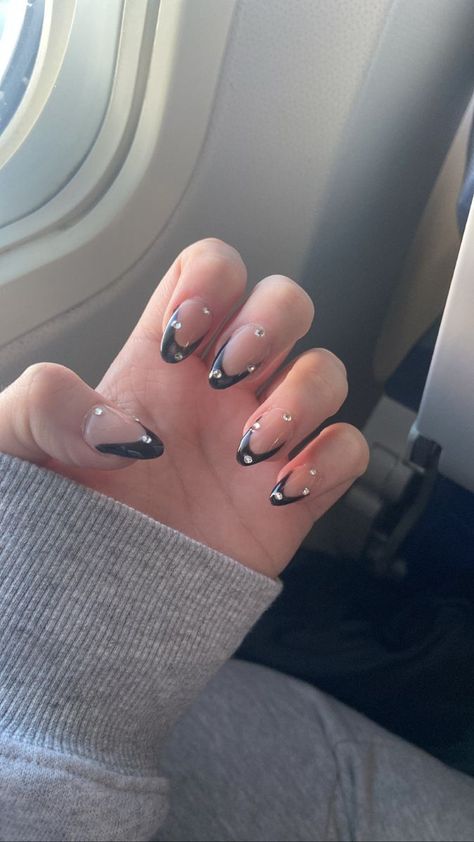 nail inspo Black French Almond Nails With Rhinestones, Black French Tip Diamonds, Black Acrylic Nail Designs With Diamonds, Black Formal Nail Designs, Almond Nails Short Black, Nail Inspo For Black Dress, Almond Nails For School, Black French With Rhinestones, Black Prom Dress Nails