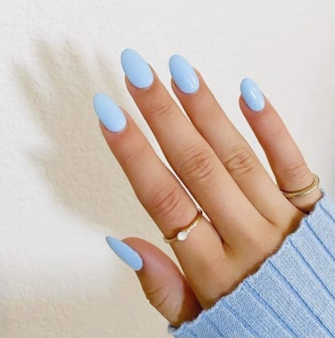 Light Blue Nail Ideas Almond, Light Pastel Blue Nails, Light Blue Nails Round, Solid Light Blue Nails, Light Blue Almond, Baby Blue Nails Almond Shape, Pastel Blue Nails Almond, Sky Blue Nails Almond Shape, Almond Nails Light Blue