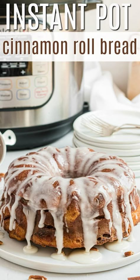 Cinnamon Roll Bread baked in the Instant Pot is the sweet indulgence to carry you through winter. Part French Toast casserole, part Cinnamon Roll, this bread leaves everyone asking for more! Bread Recipes Instant Pot, Instant Pot Cinnamon Roll Casserole, Instant Pot Monkey Bread, Cinnamon Apples Instant Pot, Cinnamon Roll Bundt Cake Monkey Bread, Cinnamon Roll Monkey Bread, Cinnamon Roll Bread, Cinnamon Roll Casserole, Pot Cakes