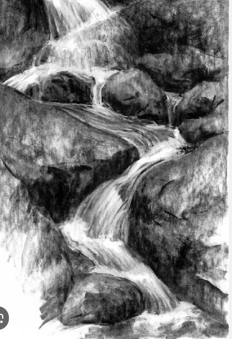 Waterfalls Drawing, Landscape Pencil Drawings, Drawing Scenery, Art Drawings Sketches Pencil, Charcoal Art, Spring Landscape, Side To Side, Landscape Drawings, Color Pencil Drawing