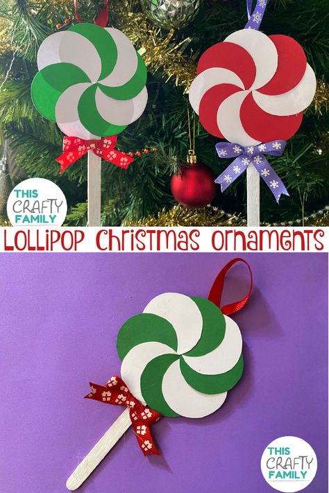 Simple and easy to make lollipop Christmas ornament craft for kids. these handmade Xmas decorations are budget friendly and are Suitable for preschoolers, young children and preteens. theyre also super easy to mass produce which makes them perfect for groups such as schools, after school club and kids craft clubs! Ornament Paper Crafts For Kids, Easy Class Christmas Ornaments, Lollipop Christmas Ornaments Diy, Christmas Treats Classroom, Easy Christmas Crafts For Kids At School Diy Ornaments, Candyland Crafts For Preschoolers, Low Prep Christmas Crafts For Kids, Popsicle Stick Crafts For Christmas, Candy Themed Crafts