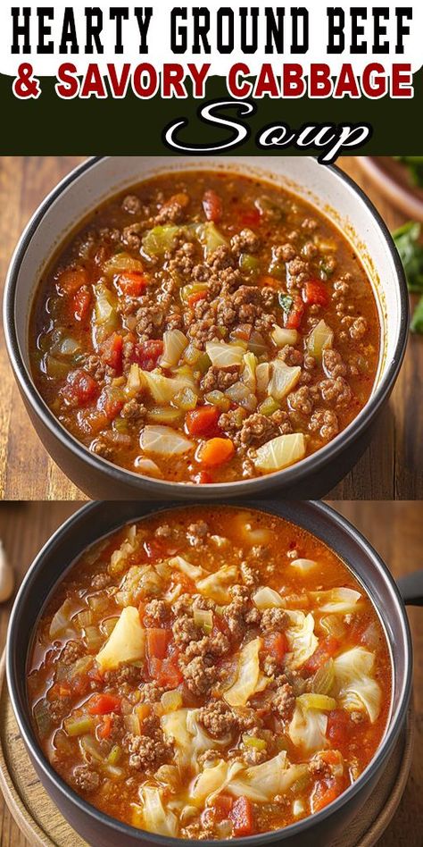 Make this easy Ground Beef and Cabbage Soup for a warm and satisfying meal! 🥬 Packed with flavor and nutrition, it’s a family favorite. #CabbageSoup #HealthyRecipes #QuickMeals #BeefSoup #CozyFood Homemade Beefy Onion Soup Mix Recipes, Cabbage Soup Healthy Easy Recipes, Keto Unstuffed Cabbage Soup, Ina Garten Cabbage Soup, Cabbage Soup With Kidney Beans, Cabbage Chili Soup, Ground Pork Cabbage Soup, Stuff Cabbage Soup Easy Recipes, Keto Cabbage Soup Ground Beef