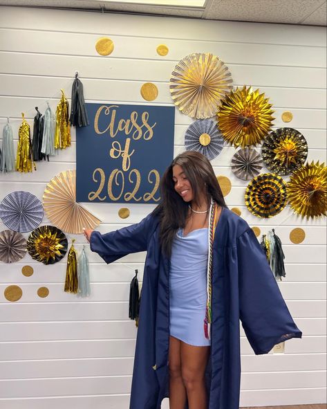 Graduation Dress With Blue Cap And Gown, Blue Grad Gown And Cap, Navy Cap And Gown Graduation Outfit, Navy Blue Graduation Gown And Cap, Royal Blue Cap And Gown Graduation, Dresses Under Graduation Gown, Navy Blue Cap And Gown Graduation Outfit, Under Graduation Gown Outfit, Blue Graduation Gown Outfits