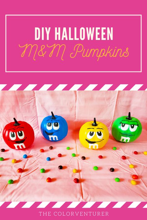 Looking for fun Halloween pumpkin ideas for spooky season? Make these adorable DIY M&M Pumpkins for your Halloween decor! Plus, they're so cute, you'll be saying, "I want candy!" Candy Pumpkin Decorating Ideas, Green M&m Pumpkin Painting, Red M M Pumpkin Painting, Blue M&m Pumpkin Painting, M M Pumpkin Decorating, M & M Painted Pumpkins, M&m Pumpkin Painting Ideas, M&m Pumpkin, Candy Pumpkin Ideas