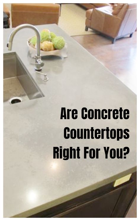 See the pros and cons of having concrete countertops including DIY tips, information about cost, pictures, and more. Concrete Countertops Upkeep, White Concrete Bathroom Countertops, Cement Counters Kitchen, Cement Counter Top Kitchen, Kitchen Island Concrete Countertop, White Cement Countertops Kitchen, Cheapest Countertop Options, Concrete Looking Countertops, Kitchen With Cement Countertops