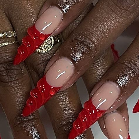 3d Texture Nails, Red Textured Nails, Red Maximalist Nails, Red Polish Nail Designs, Long Red French Tip Nails, 3d Red Nails, White And Red Nail Designs, Red 3d Nails, Unique Red Nails