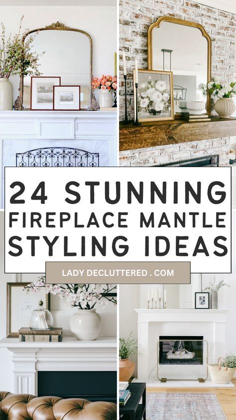 The fireplace mantle—often the centerpiece of your living room—is more than just a shelf above the flames.  It’s a canvas waiting to showcase personality, warmth, and style.  With just a bit of creativity and attention, fireplace mantle styling ideas can elevate your entire space’s vibe, making it as inviting and stylish as the perfect Pinterest pin. Long Mantel Decorating Ideas Modern, Fireplace Mantle Decor With Mirror Traditional, Mantle With Artwork, Dining Room Mantel Decorating Ideas, Mantle Decor Inspiration, Stacked Pictures On Mantle, Pretty Mantel Ideas, Large Art Over Fireplace Mantles, Wooden Mantle Decor