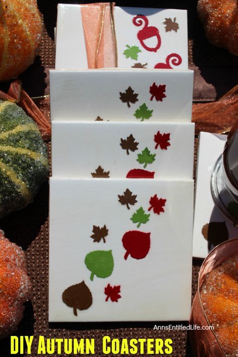 Easy DIY Autumn Coasters Autumn Coasters, Thanksgiving Coasters, Diy Tiles, October Ideas, Hobbies For Adults, Autumnal Equinox, Thanksgiving Diy, Diy Tile, Autumn Crafts