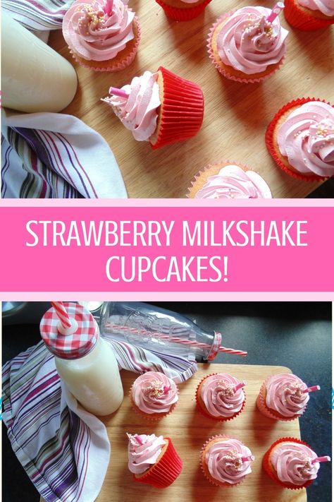 Strawberry Milkshake Cupcakes - Maverick Baking Flavoured Cupcakes, Cupcake Flavours, Milkshake Cupcakes, Frost Cupcakes, Cupcake Flavors, Strawberry Cupcakes, Strawberry Milkshake, Cupcake Frosting, Yummy Cupcakes