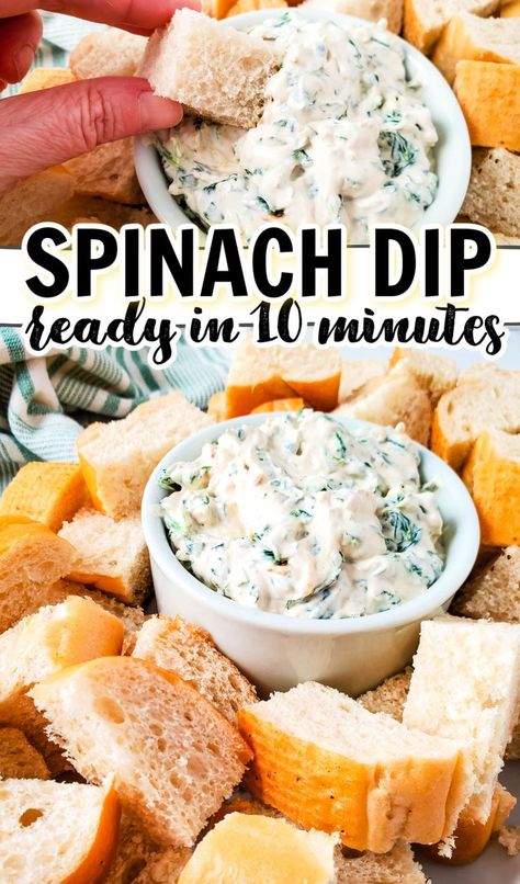 this Cold Spinach Dip recipe is a crowd pleaser at any event - baby shower lunch, bridal shower luch, potluck meals, or as a family game night snack! It uses spinach, sour cream, mayonnaise, mozzarella cheese and the secret ingredient is vegetable soup mix (like knorr!) This popular easy spinach dip easily one of my favorite cold dips for parties. Cold Dips For Parties, Cold Spinach Dip Recipe, Spinach Dip Recipe Easy, Cold Spinach Dip, Party Appetizers Easy Crowd Pleasers, Spinach Dip Cold, Healthy Spinach Dip, Potluck Meals, Classic Spinach Dip