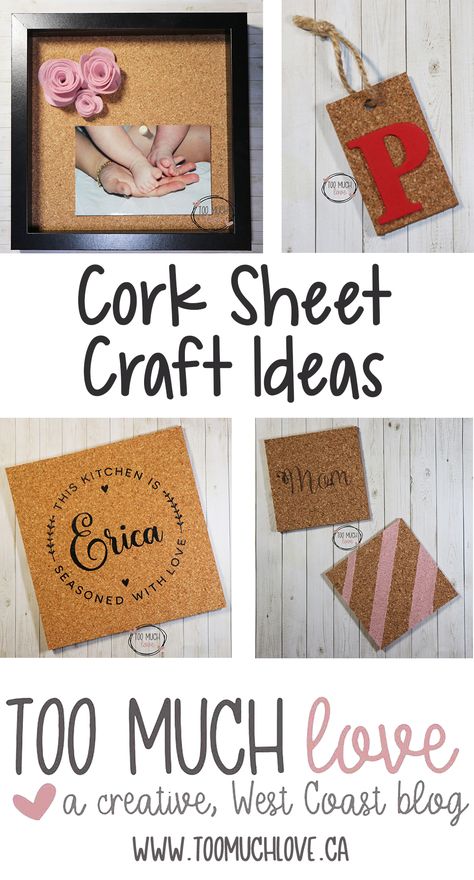 Here are some great cork sheet craft ideas. Crafts With Cork Board, Dollar Tree Cork Sheet Crafts, Cork Sheet Crafts, Cork Board Crafts, Pinterest Craft, Paint Cork, Sheet Art, Too Much Love, Cork Sheet