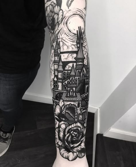 Halloween Sleeve, Halloween Tattoos Sleeve, Castle Tattoo, Baba Jaga, Tattoos Sleeve, Fire Tattoo, Creepy Tattoos, Spooky Tattoos, Tattoo Cover