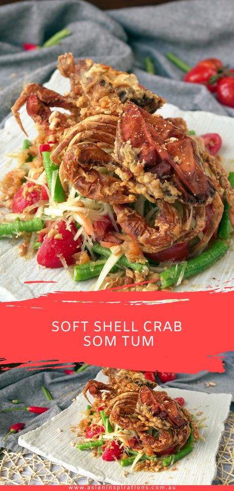 Soft Shell Crab Recipe, Asian Food Appetizers, Papaya Recipes, Crab Salad Recipe, Soft Shell Crab, Thai Salads, Crab Salad, Mango Salad, Crab Recipes