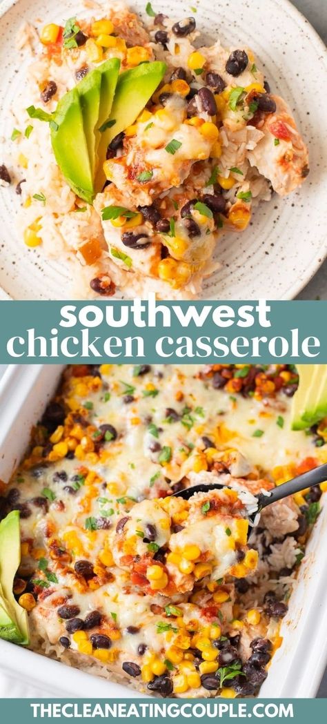 A Healthy Southwest Chicken Casserole Recipe that is so easy to make! This Mexican Chicken Casserole is perfect for a one pan dinner. Yummy Healthy Casseroles For Dinner, Healthy Recipes With Cooked Chicken, Whole Food Casserole Recipes, One Pan Healthy Dinner Recipes, Cheap Healthy Meals Low Carb, Paleo Chicken Casserole Recipes, Healthy Tasty Dinners, Healthy Chicken Casserole Clean Eating, Tasty Healthy Recipes Dinner