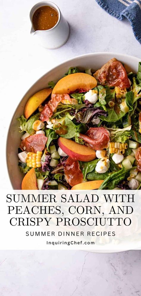 Get the most out of fresh summer produce with this Summer Salad with Peaches, Corn, and Crispy Prosciutto salad recipe. It makes for the perfect summer meal to add to your list of summer dinner recipes. Summer Peach Salad Recipes, Summer Salad With Peaches, Crispy Prosciutto Salad, Summer Salads Peach, Peach And Mozzarella Salad, Peach Burrata Prosciutto Salad, Prosciutto Recipes, Night Dinner Recipes, Homemade Balsamic Vinaigrette