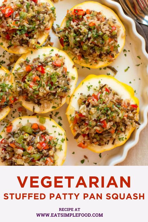 This vegetarian / vegan stuffed patty pan squash recipe is versatile as you can stuff them with any leftovers that you may have.  In this case, they are filled with wild rice, sautéed carrots, celery, red peppers, onions, and garlic. White Patty Pan Squash Recipe, Stuffed Patty Pan Squash Recipe, Stuffed Patty Pan Squash, Pan Squash Recipe, Patty Pan Squash Recipe, Sautéed Carrots, Pan Squash, Fall Slow Cooker Recipes, Pattypan Squash