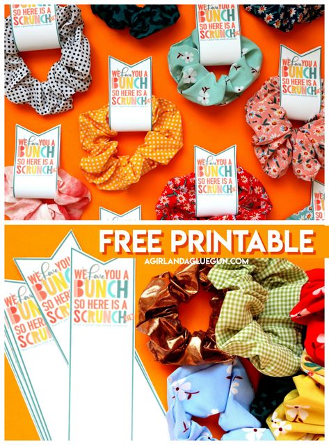 Scrunchie gift with free printable! - A girl and a glue gun Easy Gift Idea, Handmade Cards Diy, Teachers Day Gifts, Mason Jar Crafts Diy, Work Diy, Creative Craft, Girls Camp, Mason Jar Diy, Mason Jar Crafts