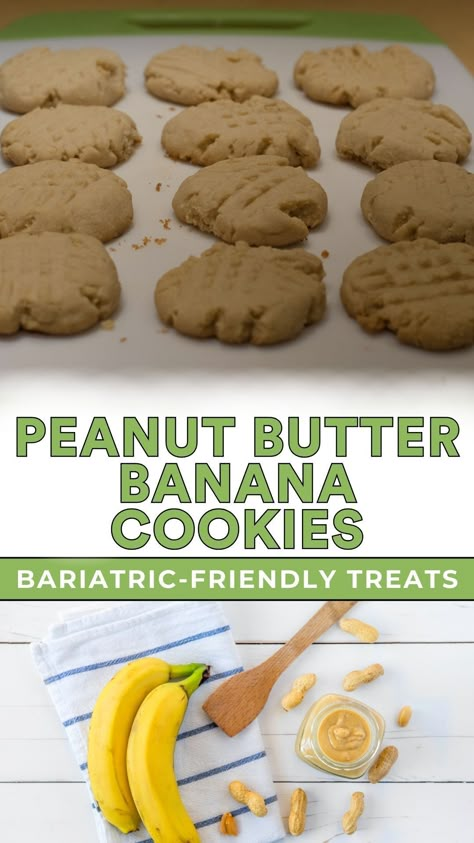 Made with just 4 ingredients, these Bariatric Peanut Butter Banana Cookies are an easy recipe to satisfy your sweet cravings. Make them ahead of time for quick breakfasts, easy snacks, or healthy desserts! Bariatric Recipes Sweets, Bariatric Recipes Desserts, Gastric Bypass Dessert Recipes, Bariatric Banana Recipes, Healthy Bariatric Recipes, Bariatric Recipes Breakfast, Bariatric Sweet Treats, Bariatric Cookies, Bariatric Baking