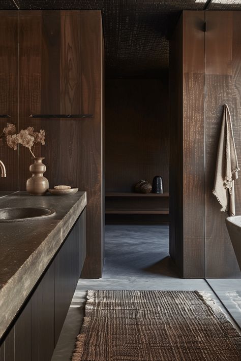 30 Elegant and Moody Bathroom ideas for a Luxurious Retreat Black White And Brown Bathroom Ideas, Moody Modern Powder Room, Cabin Bathroom Tile, Moody Neutral Bathroom, Black And Brown Bathroom Ideas, Masculine Cabin, Moody Modern Bathroom, Moody Master Bath, Moody Basement Ideas