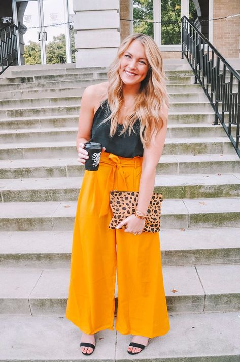 How to Style Paperbag Pants | Yellow Paperbag Pant Outfit | Amanda's OK Blog Yellow Pants Outfit Work Attire, Yellow Pants Outfit, Fall Outfits 2023, Spring Pants, Clothes Encounters, Yellow Outfits, Teacher Fits, Summer Maternity Fashion, Paperbag Pants