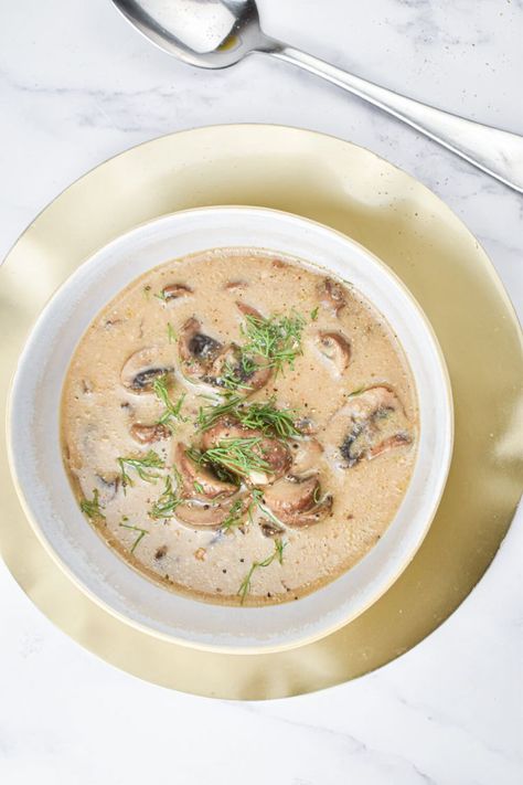 The most amazing creamy mushroom soup made with a secret ingredient! This easy to make soup is deliciuos, healthy, and freezes great. #appetizer #dinner #lunch #sidedish #soup #freezerfriendly #kidfriendly #makeahead #quickandeasy Mushroom Soup Without Cream, Hungarian Mushroom Soup, Slender Kitchen, Creamy Mushroom Soup, Mushroom Soup Recipes, Cream Of Mushroom Soup, Cream Of Mushroom, Fall Soups, Creamy Mushrooms