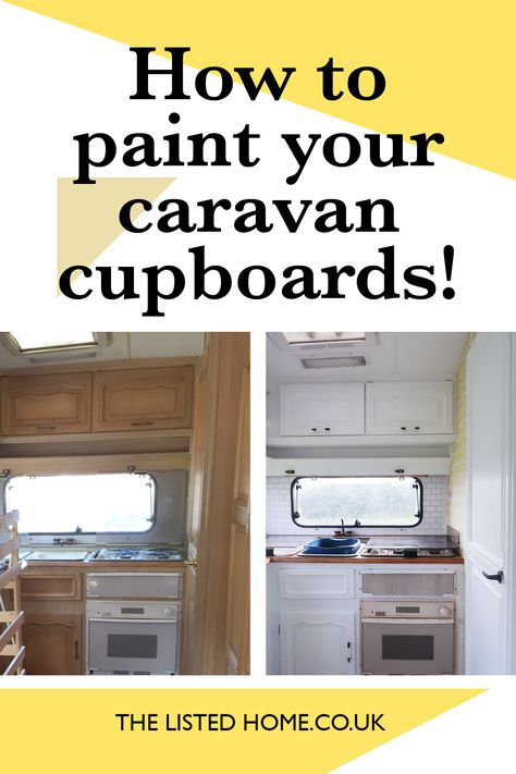 This pin shows caravan cupboards before and after painting Old Caravan Renovation, Rv Cupboard Makeover, English Caravan Renovation, Tourer Caravan Renovation, Viscount Caravan Renovation Ideas, Caravan Outside Paint, Painting Caravan Interior, Caravan Diy Interior, Diy Caravan Interior