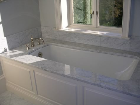 Carrera marble Wood Tub Surround, Carrera Marble Bathroom, Wood Tub, Bathroom Niche, Bathroom Marble, Bathtub Surround, Luxury Bathroom Vanity, Marble Bathtub, Marble Tub