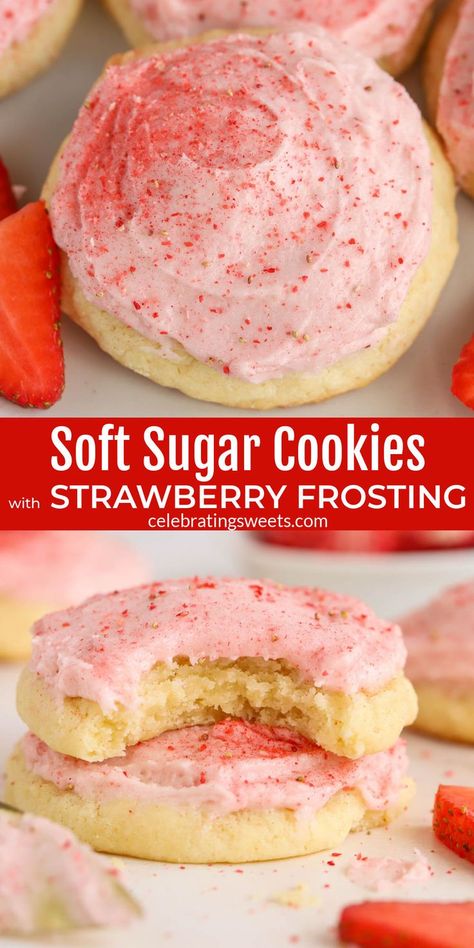 Strawberry Cookie Frosting, Strawberry Frosted Cookies, Spring Cookie Flavors, Frosted Cookies Recipe, Treats For Work, Summertime Cookies, Spring Dessert Recipes, Strawberry Shortbread Cookies, Summer Cookie Recipes