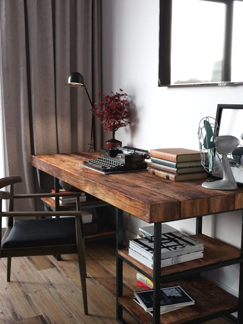 mesa de madeira com prateleiras embaixo Wooden Desk Chairs, Industrial Chic Decor, Wood Desks, Reclaimed Wood Desk, Decor Ikea, Home Office Inspiration, Desk Ideas, Work Spaces, Home Office Space