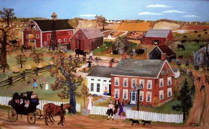 Will Moses Moses Painting, Folksy Art, Moses Art, Village Center, Grandma Moses, Americana Art, Folk Style, Art Landscapes, Stretched Canvas Wall Art